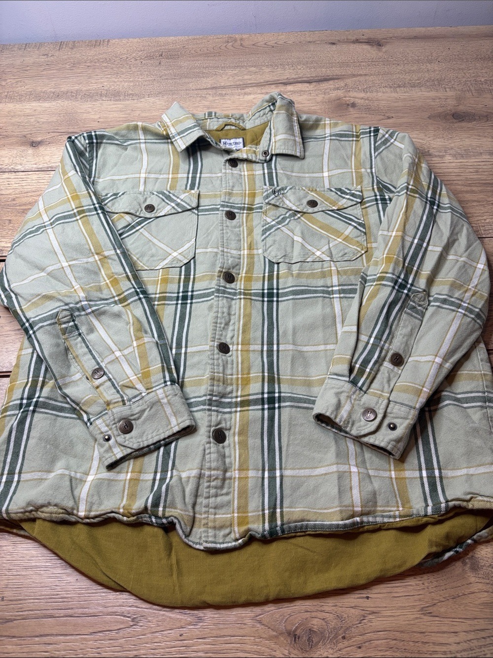 Men’s HEYBO Thermal Light Green Plaid Button-Up Shirt Jacket Size Large